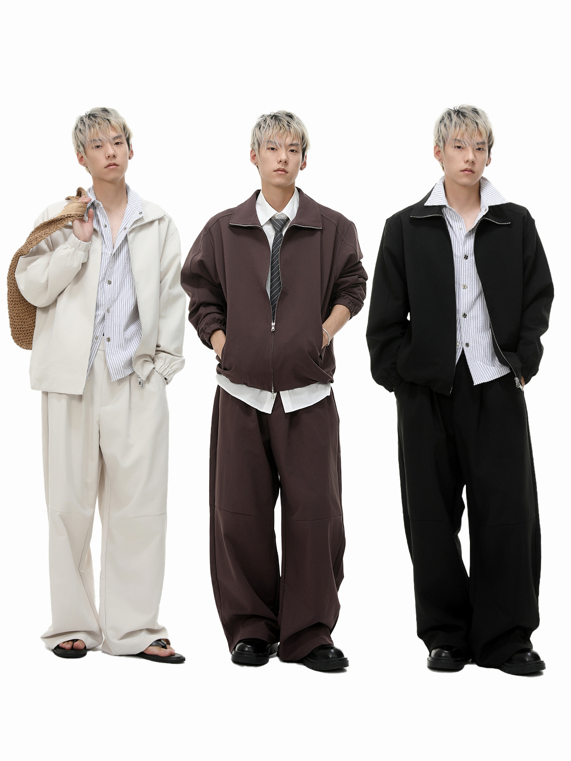 MTLCLOTHES Hombres| Coreano de color sólido corto chaqueta de doble cremallera con piernas anchas y pantalones casuales con base