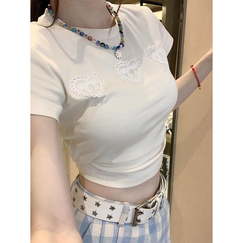 American-Style Spicy Lace Heart-Patterned Short-Sleeve T-Shirt for Women, Slim Fit, Unique Design, Flattering and Versatile Top American-Style Spicy Lace Heart-Patterned Short-Sleeve T-Shirt for Women, Slim Fit, Unique Design, Flattering and Versatile Top
