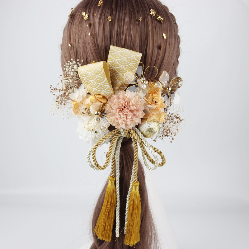 Japanese-Style Light Luxury Golden Wave-Pattern Fabric Kimono Hair Accessory for Young Girls, Kimono Yukata Dried Flower Hair Ornament