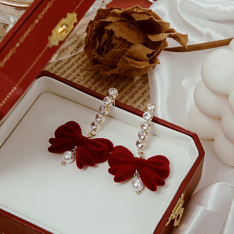 1 Pair Simple Style Bow Knot Cloth Pearl Inlay Zircon Womenu0027S Drop Earrings