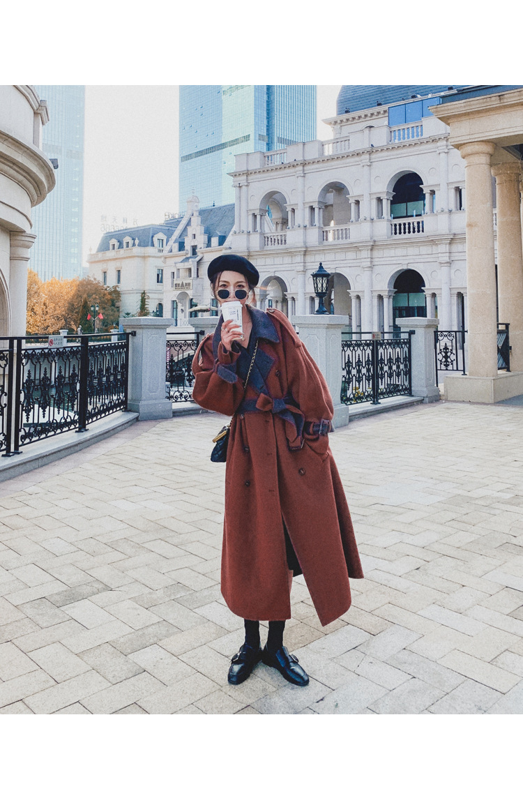 Women's Long Woolen Coat Brick Red Hepburn Style Winter Overcoat_voghion.com