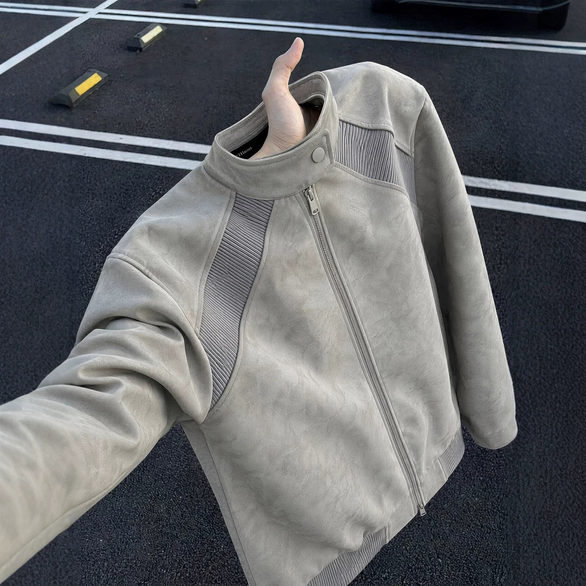 灰色雾霾扎染皮衣夹克男秋季美式短款时尚拼接棒球服立领工装外套