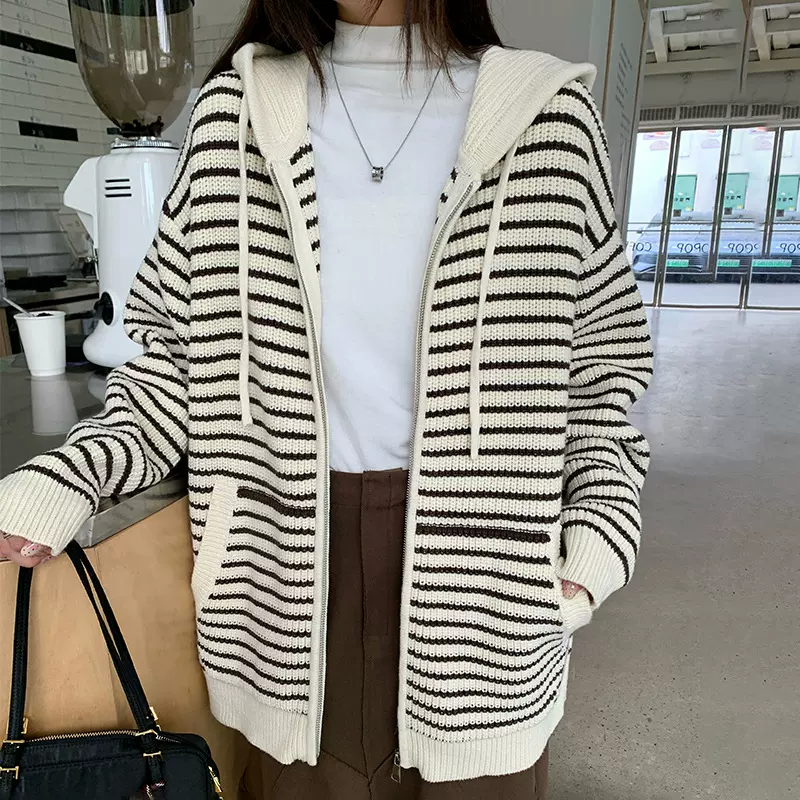 miu系软糯撞色条纹连帽针织开衫女秋季松弛感宽松慵懒风毛衣外套