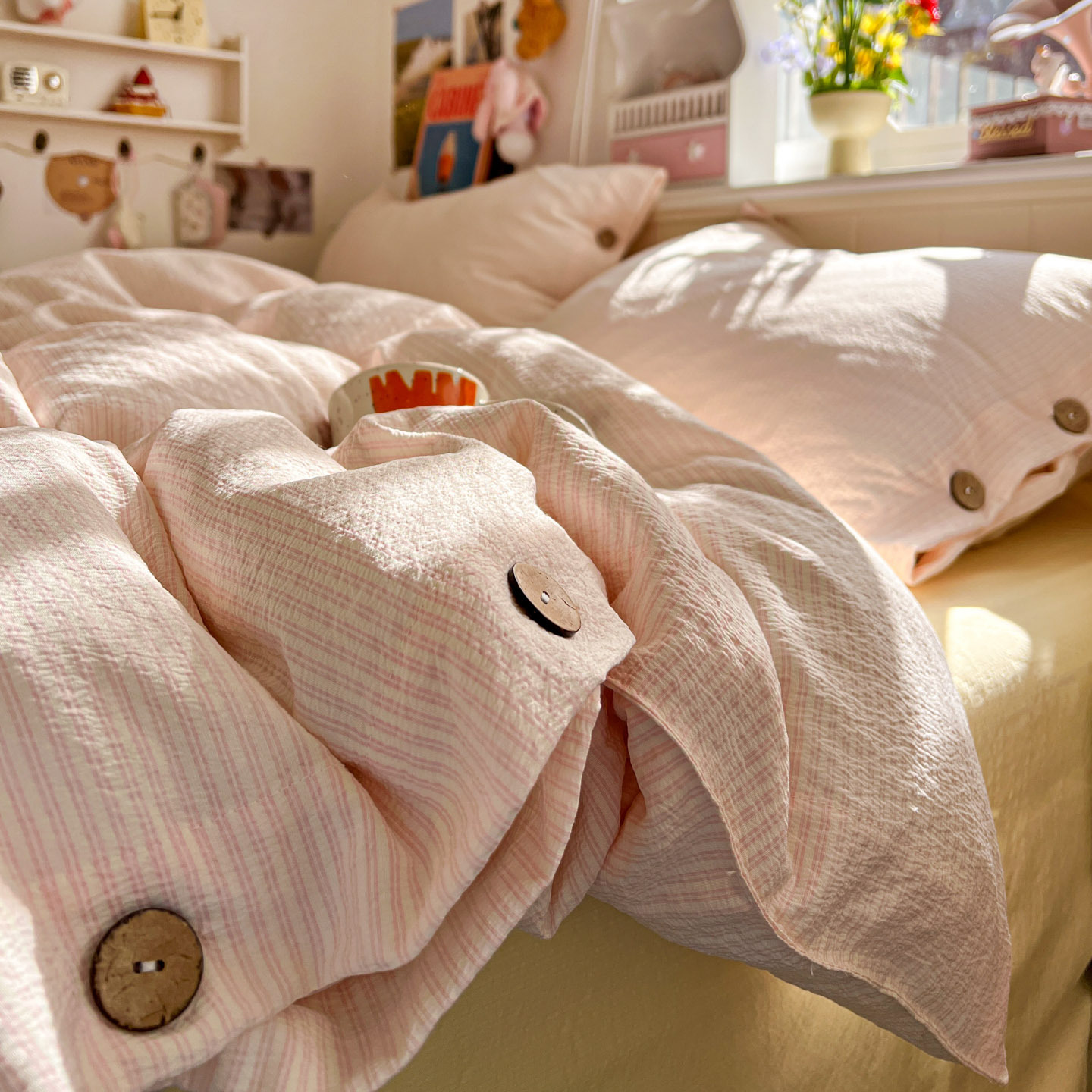 2026 primavera y verano nuevo no impresa Feng Shui lavado jacquard botón cuatro piezas dormitorio de estudiantes 1,2 metros cama tres piezas