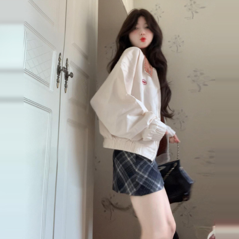 新款美式复古格子双面穿翻领绣花夹克女2025秋新款设计感撞侣雀珉|undefined