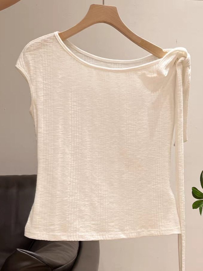 Jianmanni Korean-Style Niche Tie-Up Irregular One-Shoulder Short-Sleeve T-Shirt for Women, Pure Desire Spicy Girl Slim-Fit Slimming Top for Summer