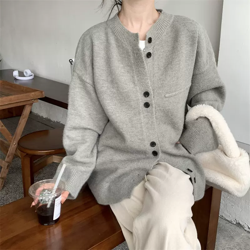 2024早秋新款灰色针织开衫女宽松学院风休闲慵懒小个子毛衣外套