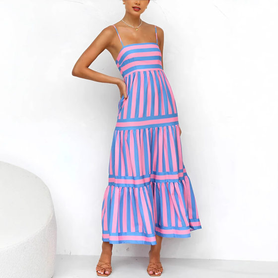 2025 Cross-border Foreign Trade Spring and Summer New Women's Clothing Amazon Striped Positioning Burned Flower Sling Backless Large Swing dress