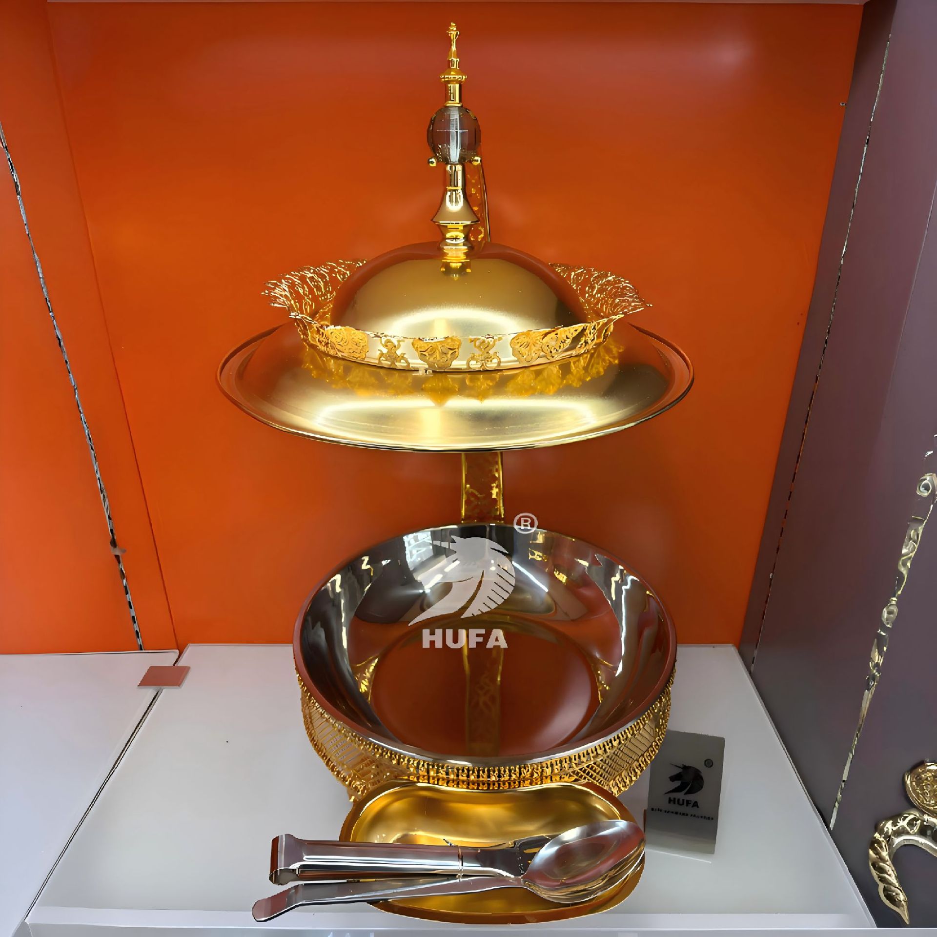 食物保温炉餐炉圆形豪华金色花边不锈钢酒精炉酒店餐厅自助可吊盖