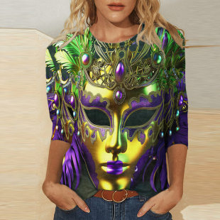 Cross-border Amazon European and American Carnival round neck pullover women's three-quarter sleeve t-shirt Digital printing women's T-shirt