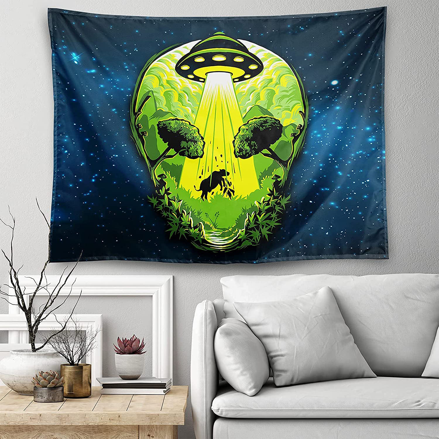 Amazon Tapestry Psychedelic UFO Alien Invasion UFO Abducting Cows In The Stars