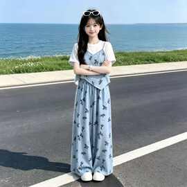 女童夏季碎花两件套2026新款枫叶印花短袖假两件阔腿长裤休闲套装