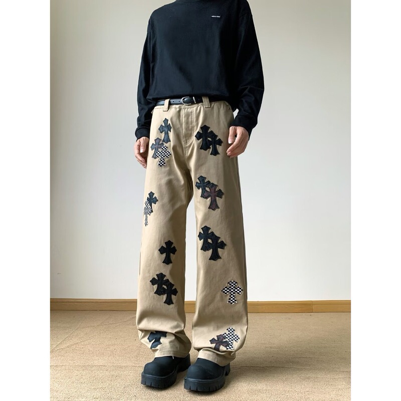 New American High Street Leather Label Cross Brown Trendy Brand Narrow Jeans for Men and Women Loose Straight Trousers Washed