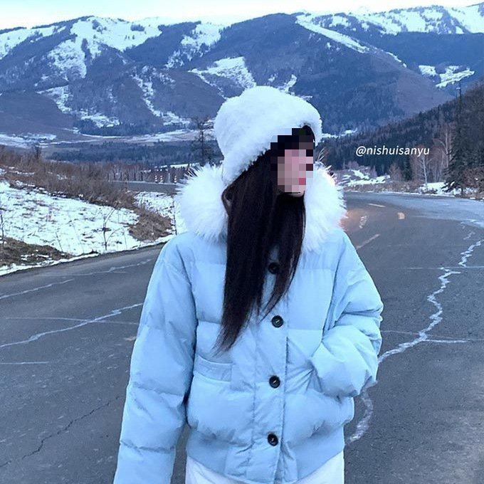 2025新款羽绒服蓝色毛领连帽冬季小个子韩系面包加绒加厚外套鸭绒