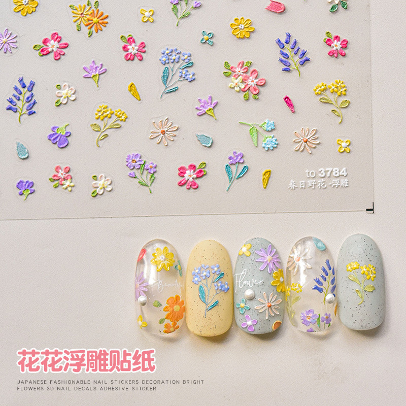 Japanese spring wild flower relief nail art stickers wholesale summer small fresh explosions oil painting small flower back glue nail stickers