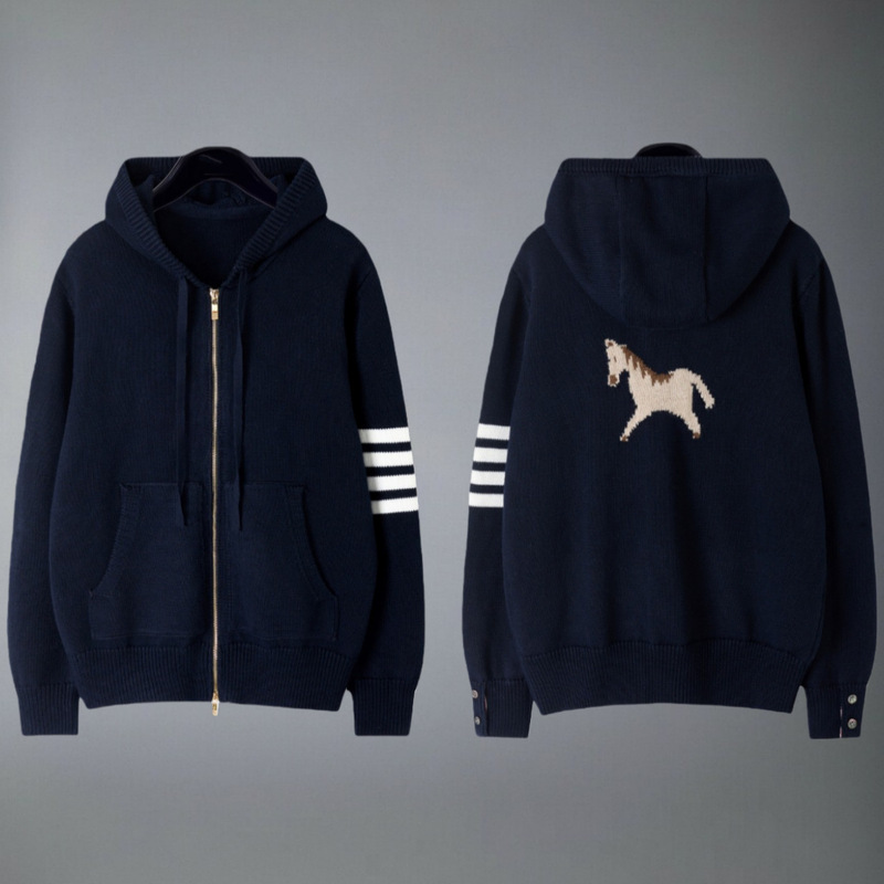 Tb Cardigan New Model Year of the Horse Limited Edition Embroidered Striped Four-Bar Wool Knit Zip-Up Hoodie Jacket Unisex