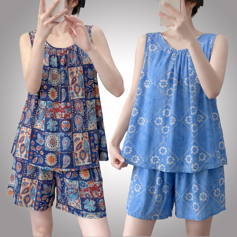 Cotton Silk Pajamas for Middle-Aged Women, Summer Thin Sleeveless Vest and Shorts Set, Loose-Fitting Mom-Style Home Wear Two-Piece Set