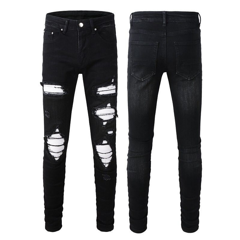 Men's Jeans for Foreign Trade, Trendy Brand Men's Clothing, Ripped Velvet Patch Men's Slim-Fit Stretch Youth Men's Pants