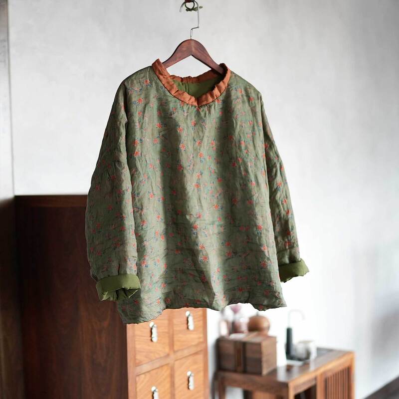 4459 Ramie Quilted Digital Printed High-Neck Cotton Coat Autumn and Winter New Style Literary Casual Western Style Top Cotton Coat