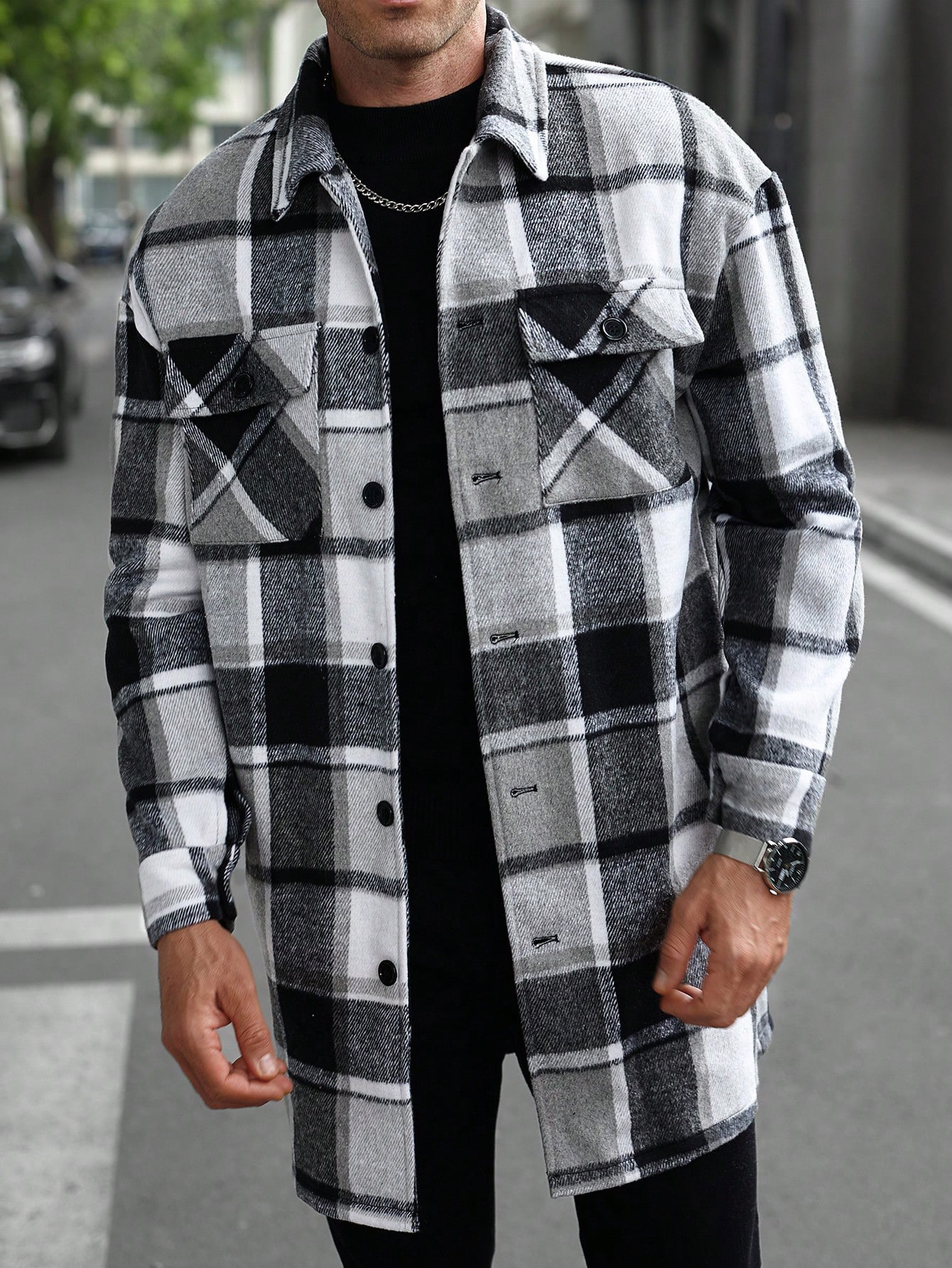 Europa y los Estados Unidos transfronterizos Amazon nuevo chaqueta de hombre camisa deportiva casual larga botón de doble bolsillo abrigo para hombre