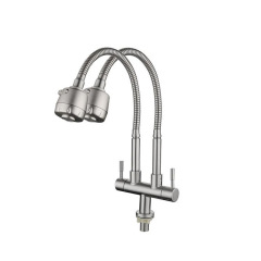 Cross-border 304 stainless steel single cold double pipe double handle swivel kitchen sink double outlet faucet