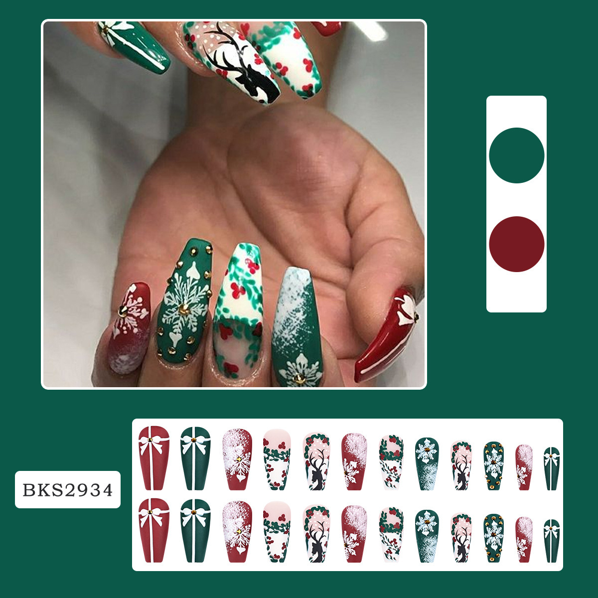 36g Weight Christmas Festival Bow Knot, Snowflake Pattern Sweet Style Christmas Sweet Bow Knot Snowflake Press On Nails 2