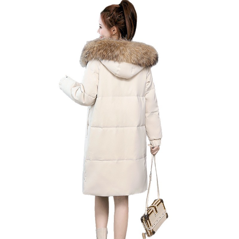 Chaqueta de pluma media y larga para hombres y mujeres de invierno nueva chaqueta de algodón de cuello de lana grueso abrigo de pareja suelto chaqueta de algodón con capuz