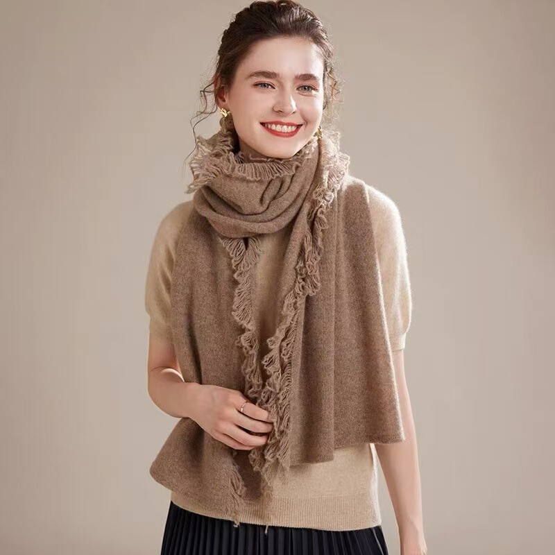 メーカー卸売肌に優しいソフトワックス状オーストラリア産ウール 100% ニットショール女性暖かいタッセルフリルショールスカーフ|undefined