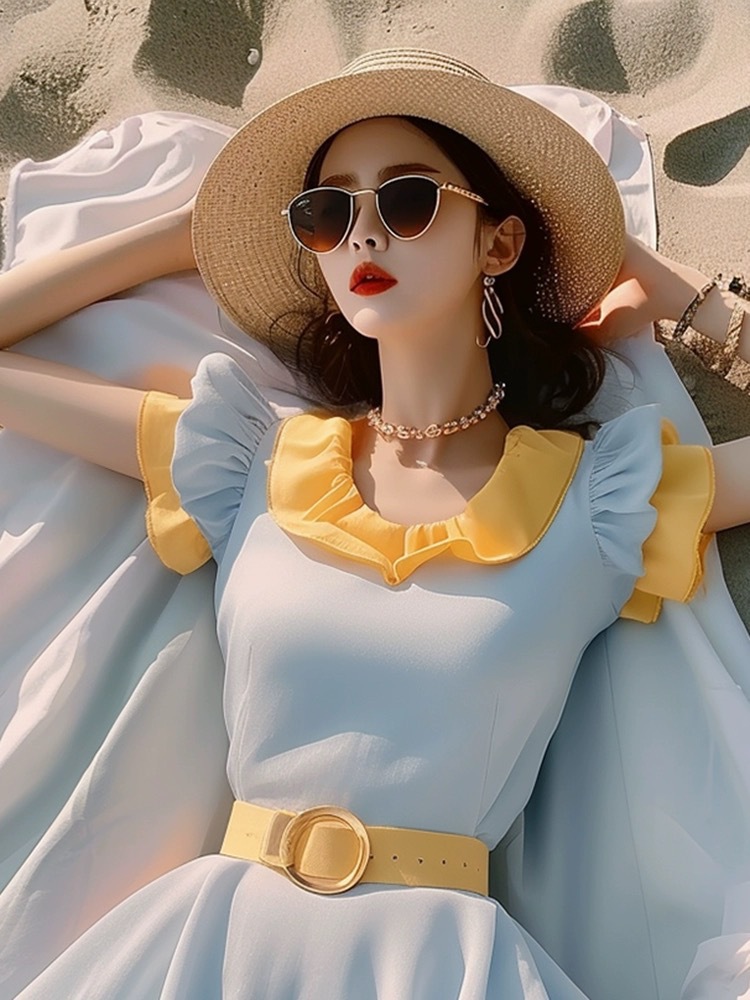 Váy maxi nữ giả hai mảnh phối màu tương phản, thiết kế thắt eo, phong cách Pháp — Màu sắc tương phản vàng và xanh chi tiết 5