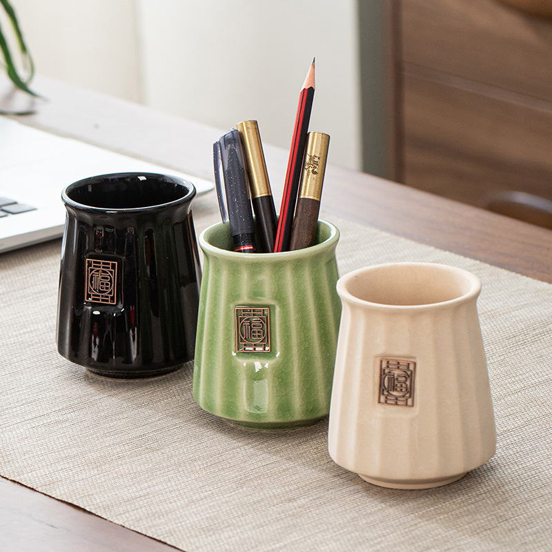 펜 홀더 세라믹 라운드 펜 홀더 간단한 다기능 데스크탑 편지지 보관 상자 라이트 럭셔리 학생 사무실 펜 버킷