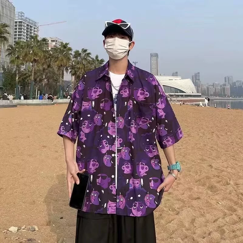 2024 японская ретро-полная печать мультяшная рубашка с короткими рукавами для мужчин и женщин