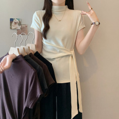 2025早秋新款胖mm大码女设计感高领系带短袖内搭T恤