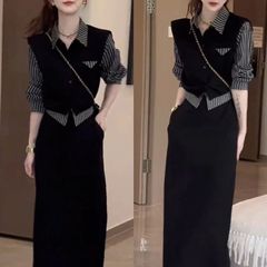 秋季新款时髦气质显瘦两件套女高级感条纹衬衫上衣半身裙时尚套装