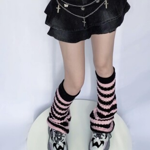 Early Autumn new black and white striped hollow knitted wide leg socks y2g pile socks Asian culture Horn leg socks