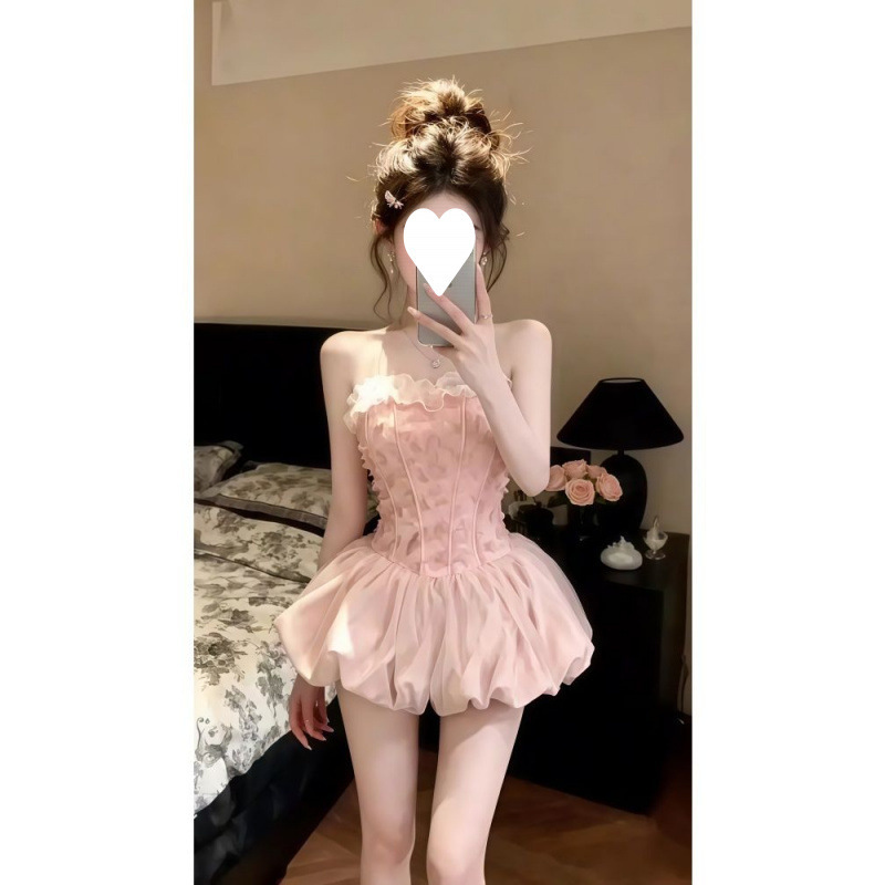 French-Style Sweet Tube Top Dress, New Summer Model, Beautiful and Exquisite Little Dress with a Waist-Cinching Floral Puff Skirt