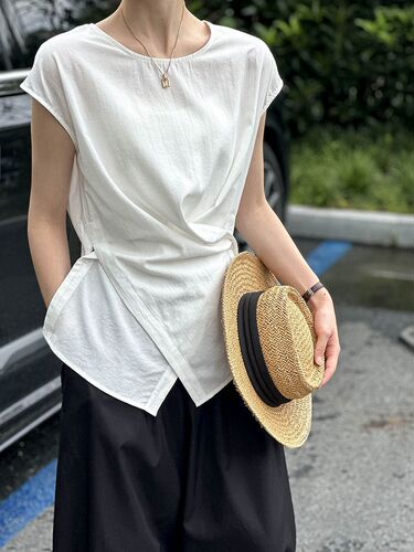 Women's Unlined Linen-Cotton Blouse with Dark Blue Color, Small Sleeveless Fly Collar, Asymmetrical Cross-Button Backless Top, Vintage Money-Clip Style