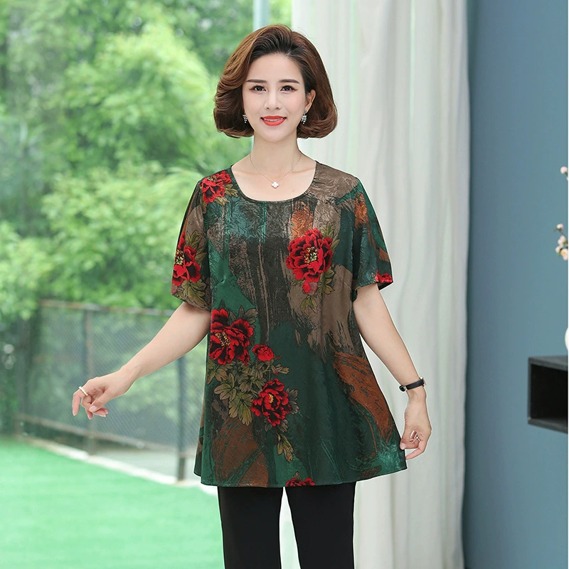 213 Зеленая летняя одежда с короткими рукавами для полных матерей среднего и пожилого возраста 200 Jin Plus Fertilizer Plus Женская одежда