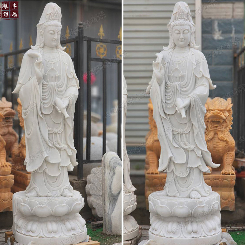大理石观音像厂家 汉白玉滴水观音佛像雕塑 石材观音像景区雕像