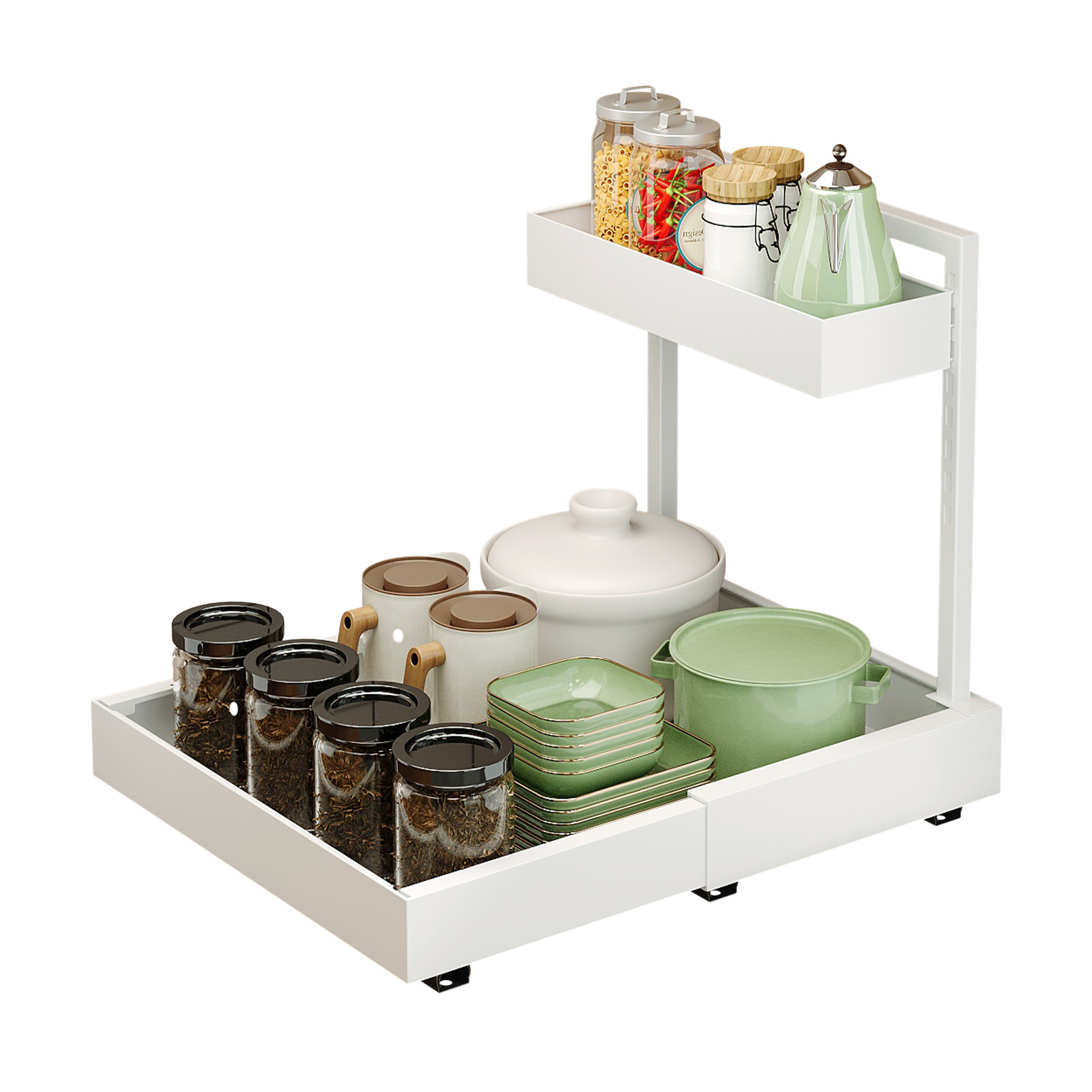 Estante debajo del fregadero de la cocina, bandeja de extracción, piso, canasta de extracción interna ajustable del gabinete, canasta de almacenamiento de condimentos domésticos