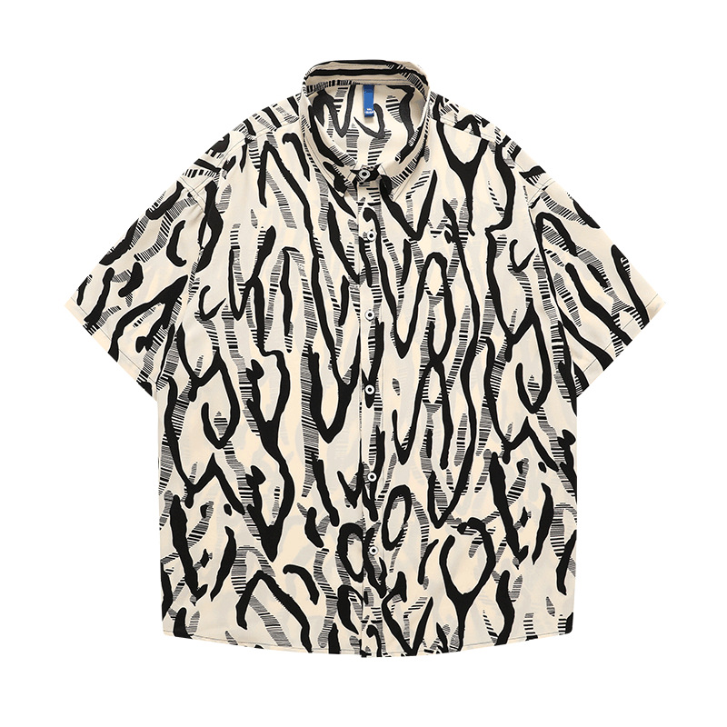 2024 Sommer Neues Kurzarmhemd Streifen Volldruck Trendy Loose Beach Flower Shirt_voghion.com