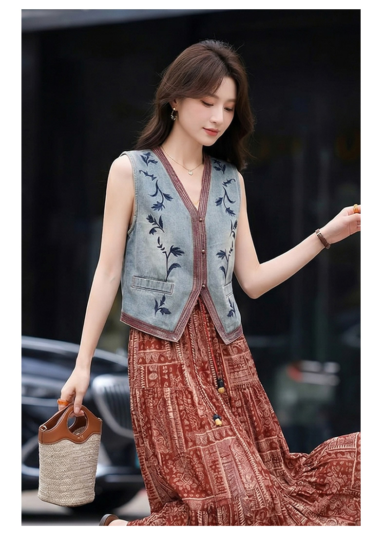 Set áo vest ren và chân váy midi hai mảnh nữ tính họa tiết thêu hoa — màu đỏ chi tiết 9