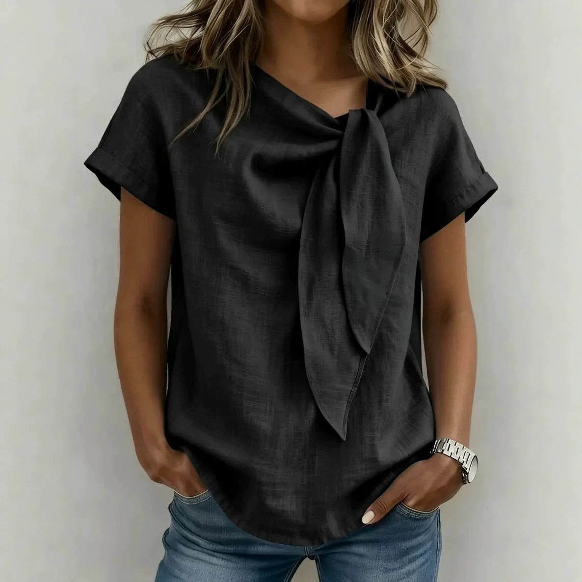 Elegant Women's Cotton Linen Blouse Bow Detail Casual Shirt Comfortable Fashionable Twist Top for Ladies_ecoleips.com