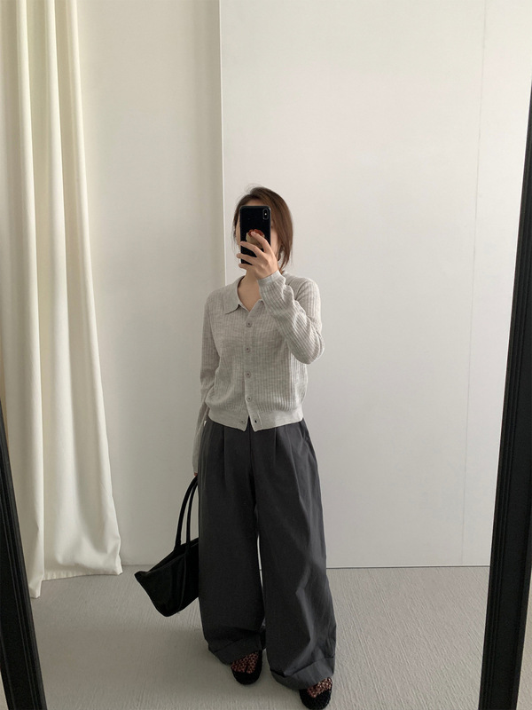 TG 简约休闲翻领针织系扣开衫女2025秋季新款坑条百搭毛衣25717|undefined