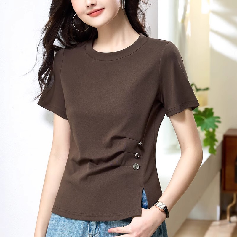 Pleated Design Right Shoulder T-Shirt for Women Summer New Pure Cotton Waist-Cinching Hem Slit Slim-Fitting Short-Sleeved Flesh-Covering Top Pleated Design Right Shoulder T-Shirt for Women Summer New Pure Cotton Waist-Cinching Hem Slit Slim-Fitting Short-Sleeved Flesh-Covering Top