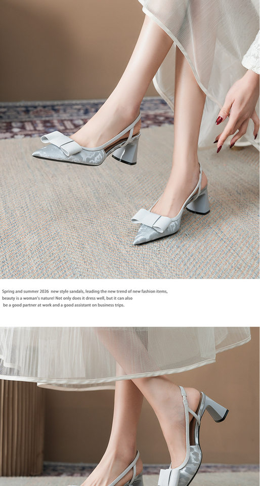 Sandal cao gót nữ mũi nhọn hở gót gót thô đính nơ phong cách công sở, gót 6–8 cm — Màu kaki, Màu xám bạc, màu đen chi tiết 9