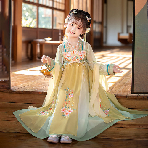 Girls yellow Hanfu fairy princess dresses girls embroidery improved skirt outfit Ru Chinese wind ancient folk costumes fairy long sleeve kimono dresses for kids