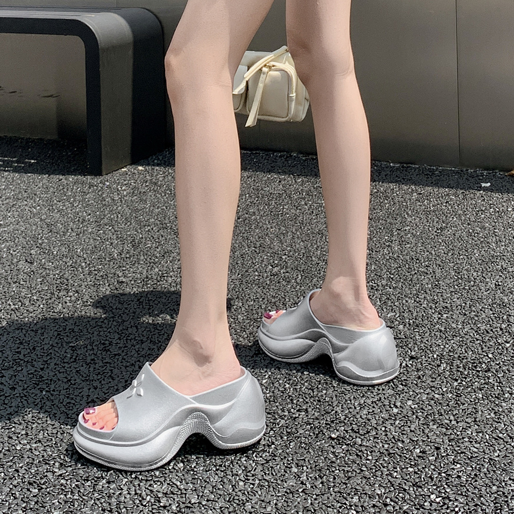 厚底拖鞋女士欧美ins潮EVA网红同款金属色银色高跟一字型凉拖鞋