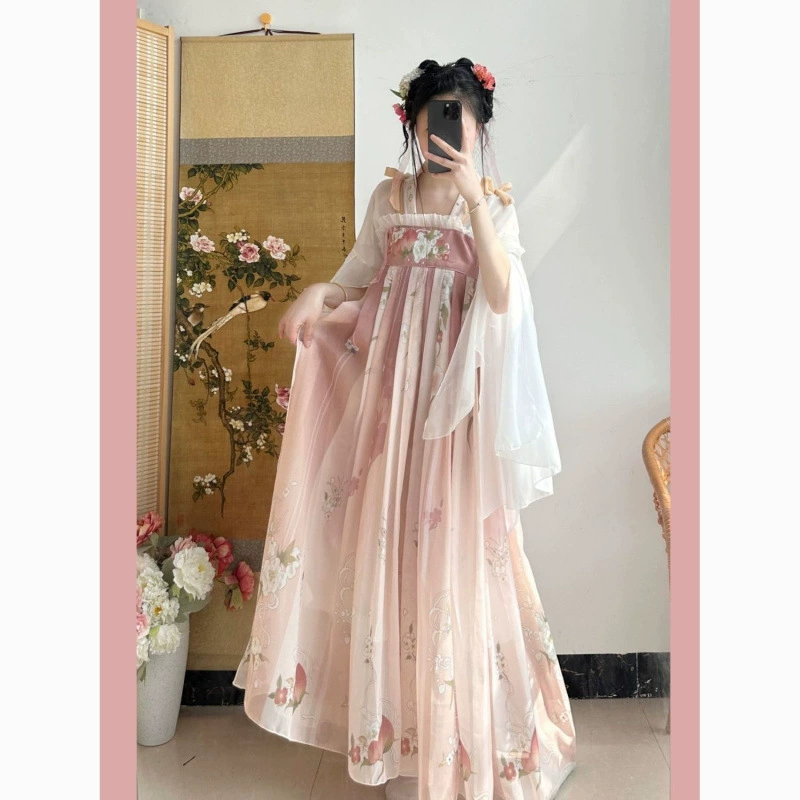 Женский комплект Hanfu в стиле династии Тан с принтом на груди и элементами Хань в сказочном стиле весна и лето.