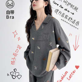 睡衣女春秋季带胸垫新款早秋小众设计感家居服慵懒卡通可外穿套装