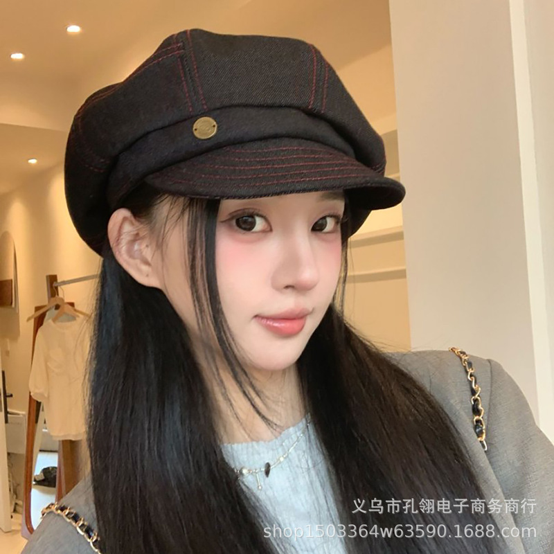 英伦复古牛仔贝雷帽女春秋新款日系复古显脸小画家帽大头围八角帽|undefined